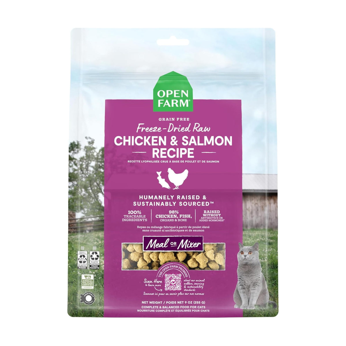 Open Farm chicken & salmon morsels in a cat bowl highlighting real meat texture and flavor
