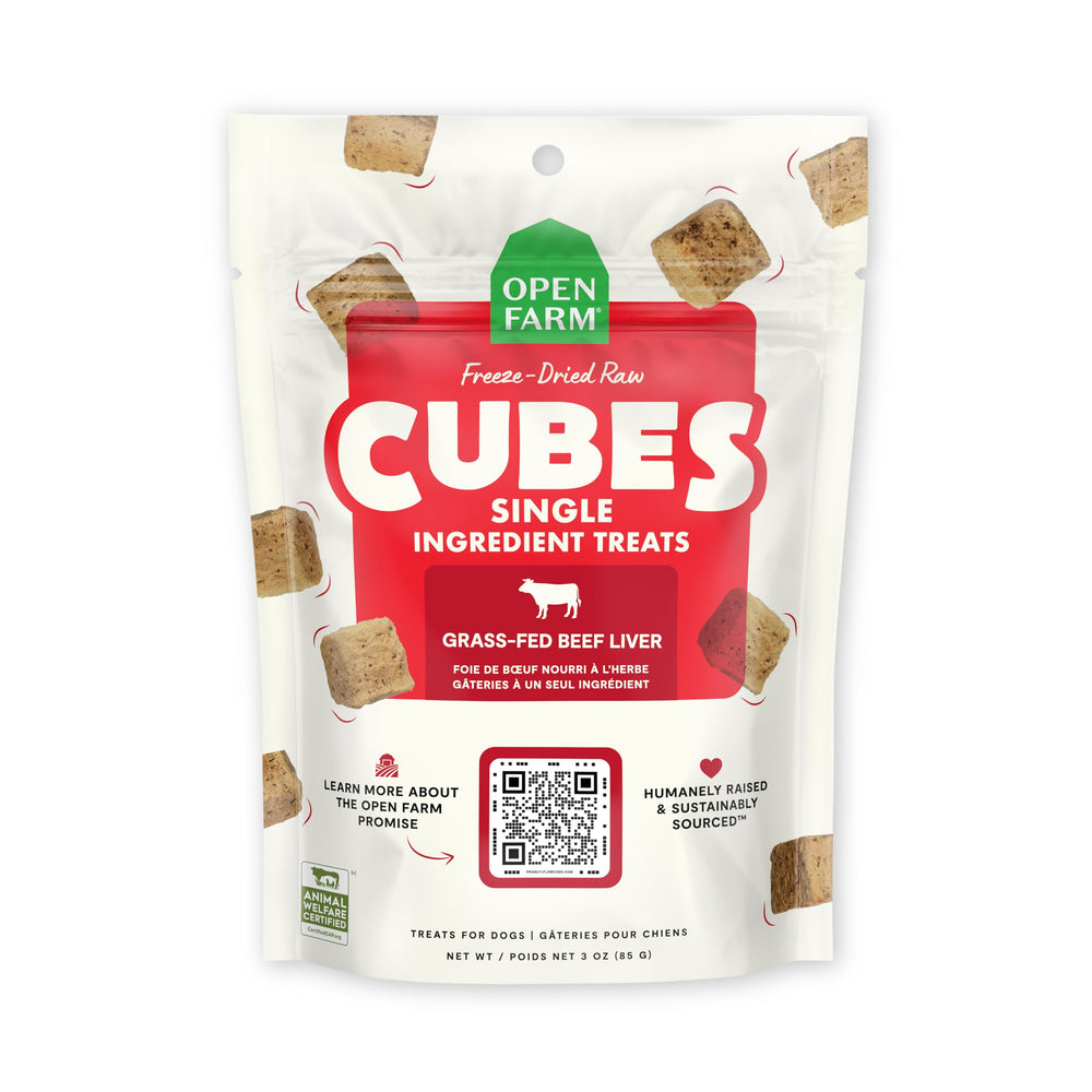 Open Farm Cubes beef liver freeze-dried dog treats close-up texture for training rewards
