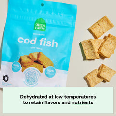 Open Farm dehydrated cod treats 2oz pouch highlights a protein-rich single-ingredient snack.