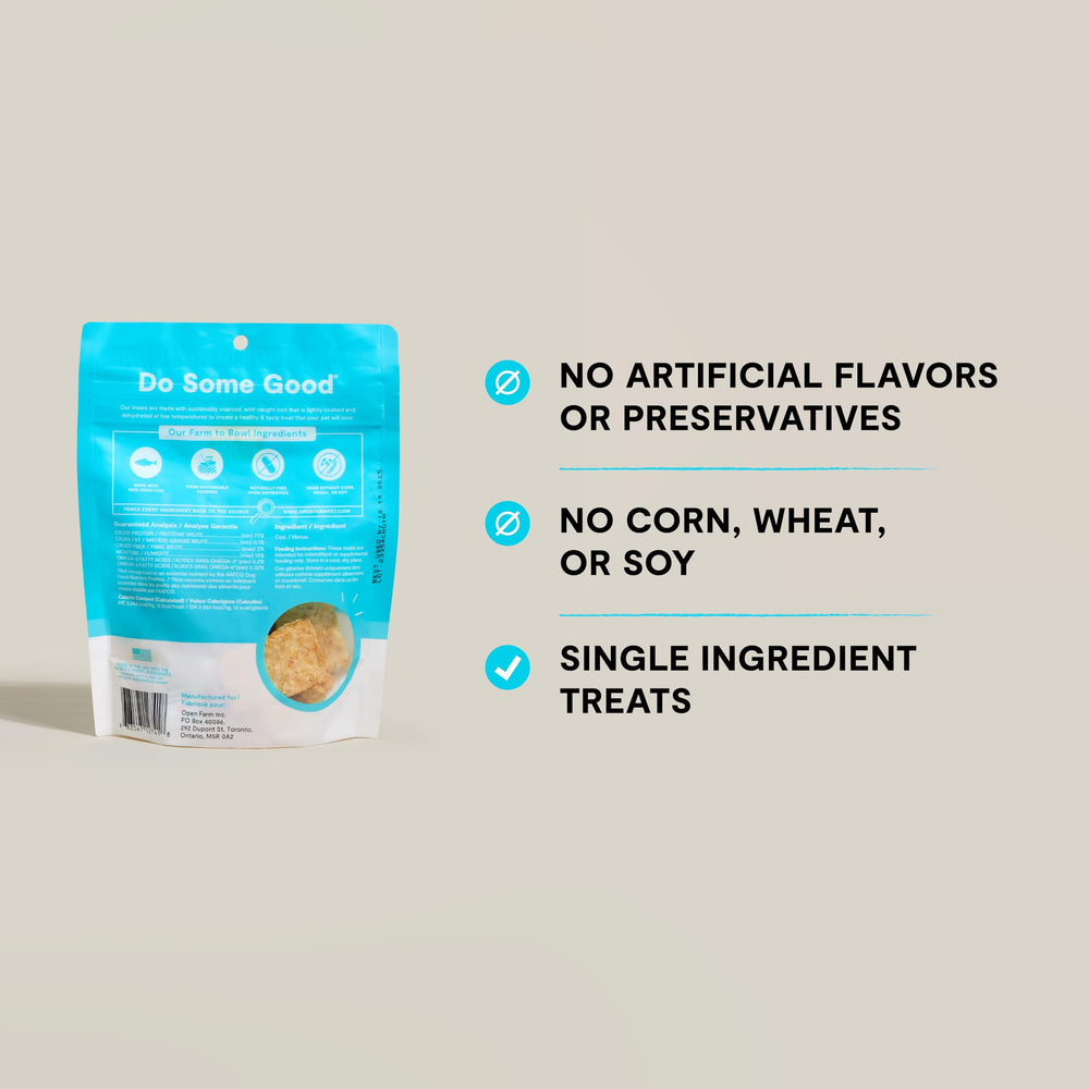 Open Farm dehydrated cod treats single-ingredient cod recipe emphasizes simple, ethical sourcing.