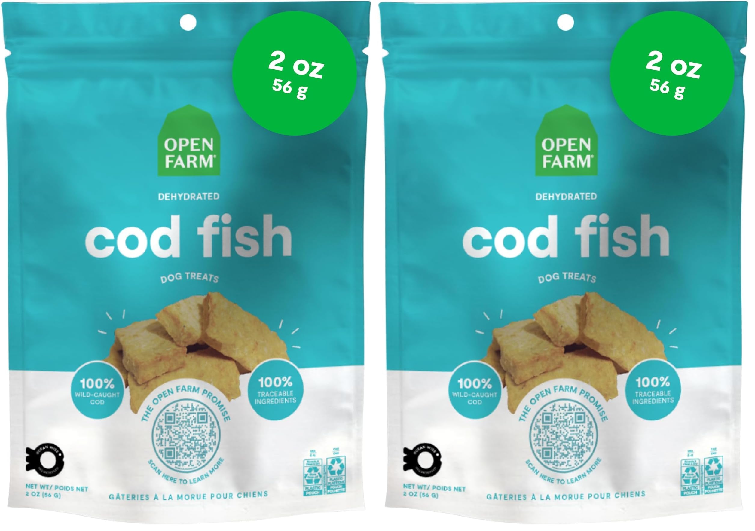 Open Farm dehydrated cod treats packaging shows resealable pouch for freshness and easy portioning.