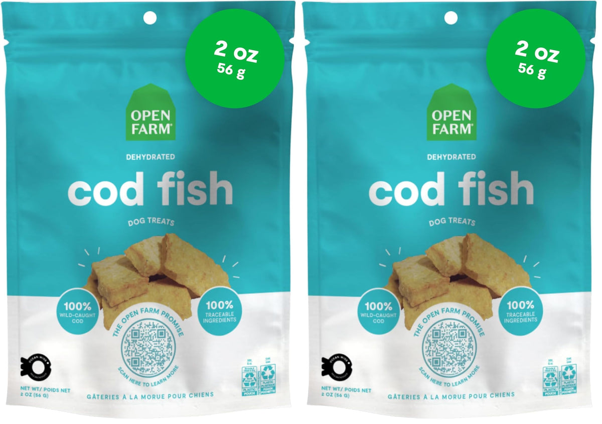 Open Farm dehydrated cod treats packaging shows resealable pouch for freshness and easy portioning.