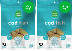 Open Farm dehydrated cod treats packaging shows resealable pouch for freshness and easy portioning.
