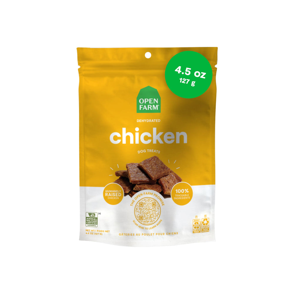 Open Farm Dehydrated Dog Treats chicken recipe pouch—chewy texture ideal for training rewards
