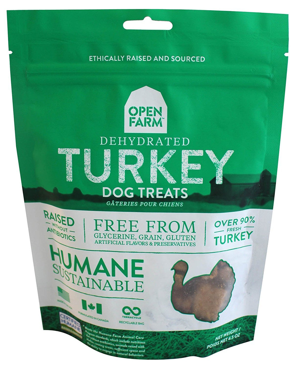 Open Farm dehydrated turkey dog treats 4.5oz package with resealable pouch for fresh training rewards.