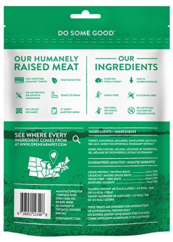 Open Farm dehydrated turkey dog treats close-up; high-protein snack ideal for walks and treats.