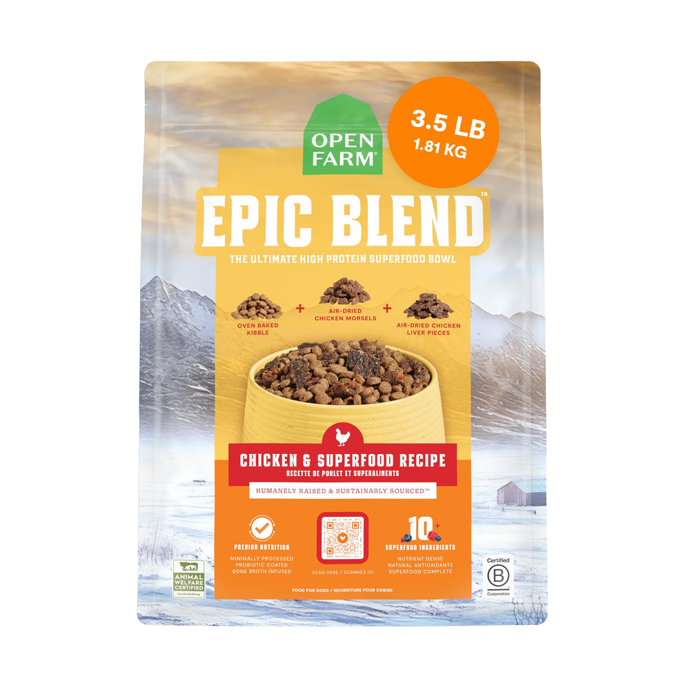 Open Farm Epic Blend kibble in a bowl ready to serve for daily protein-rich energy.