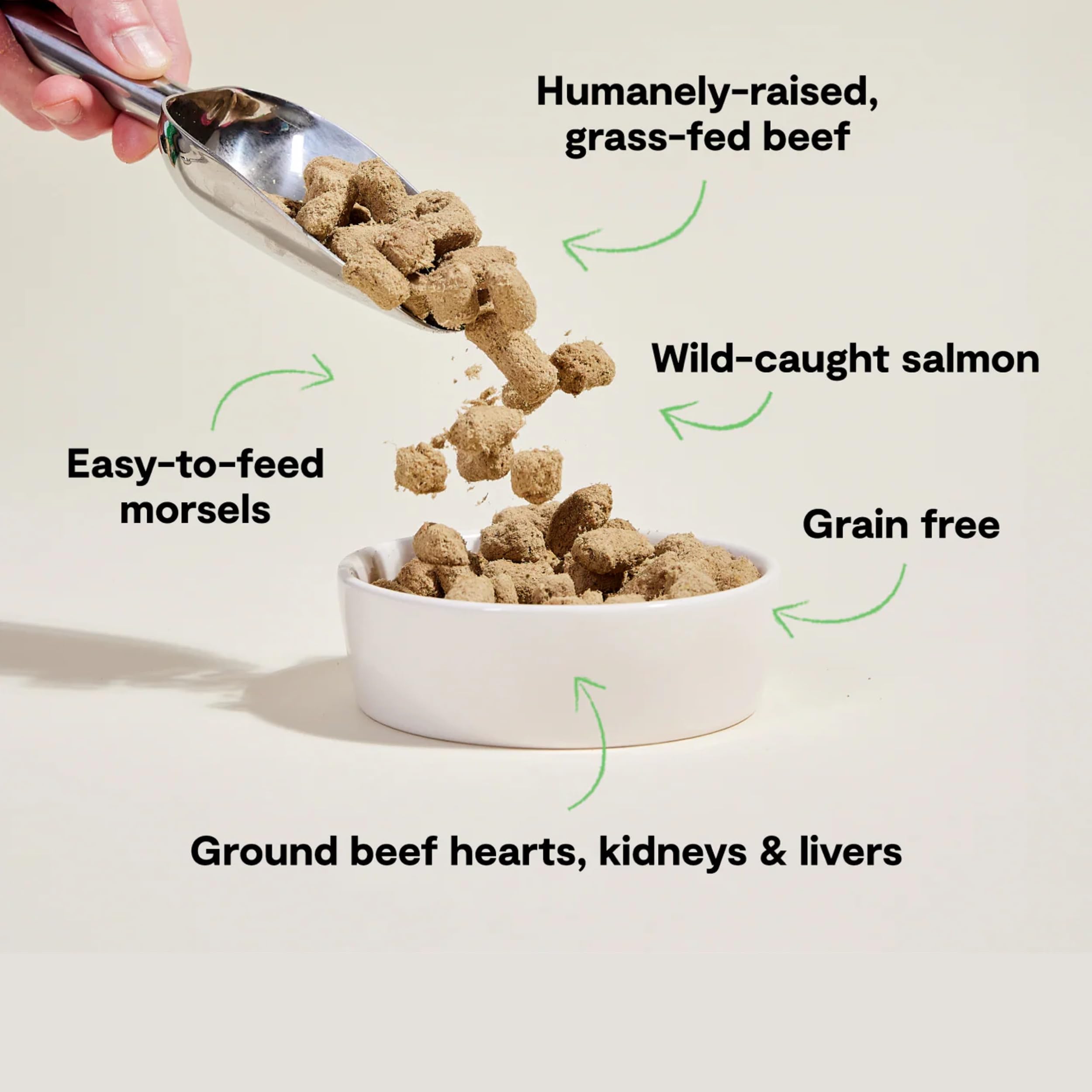 Open Farm freeze-dried dog food morsels close-up reveal bite-sized texture.