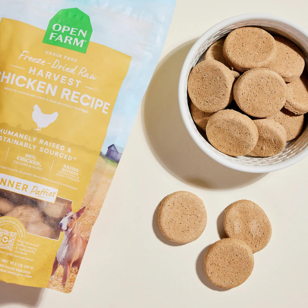 Open Farm bag sealed with patties ready for quick, protein-rich meals.