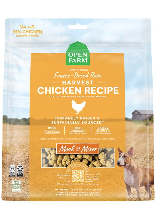 Open Farm chicken recipe morsels in bag for convenient meals.
