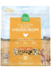 Open Farm chicken recipe morsels in bag for convenient meals.