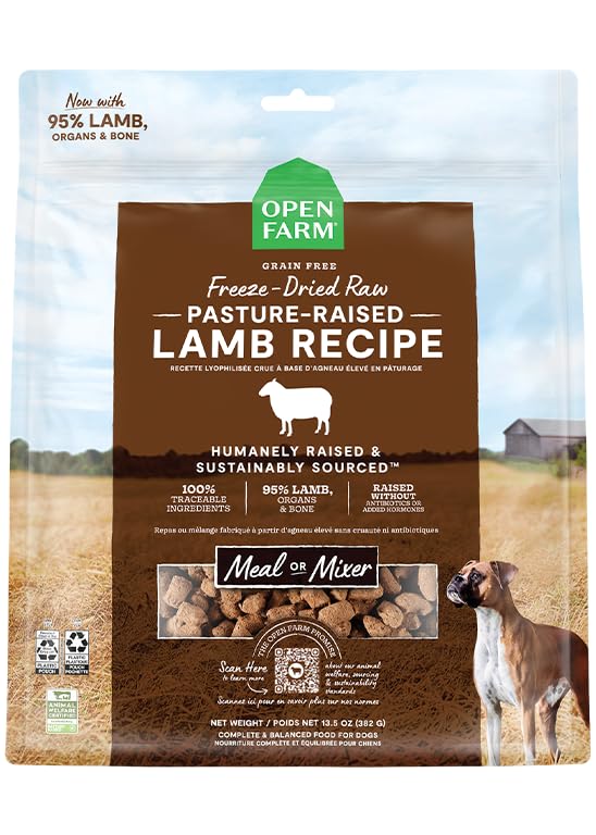 Open Farm lamb morsels bag showing high-protein bites.