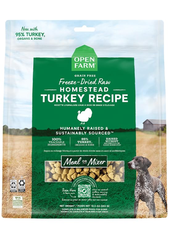 Open Farm freeze dried turkey morsels bag close-up for high-protein dog meals.