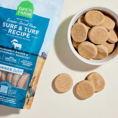 Open Farm freeze-dried raw dog food patties highlight 95% meat, organs, bone