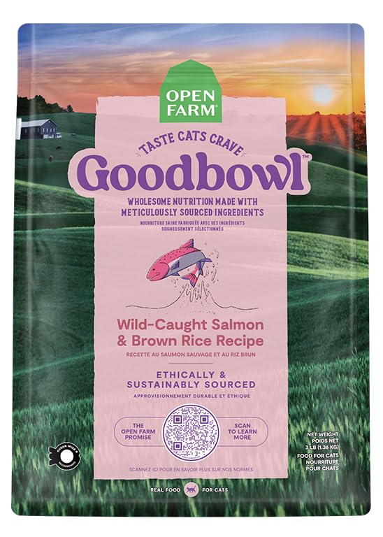 Open Farm Goodbowl kibble closeup highlighting salmon pieces and texture.