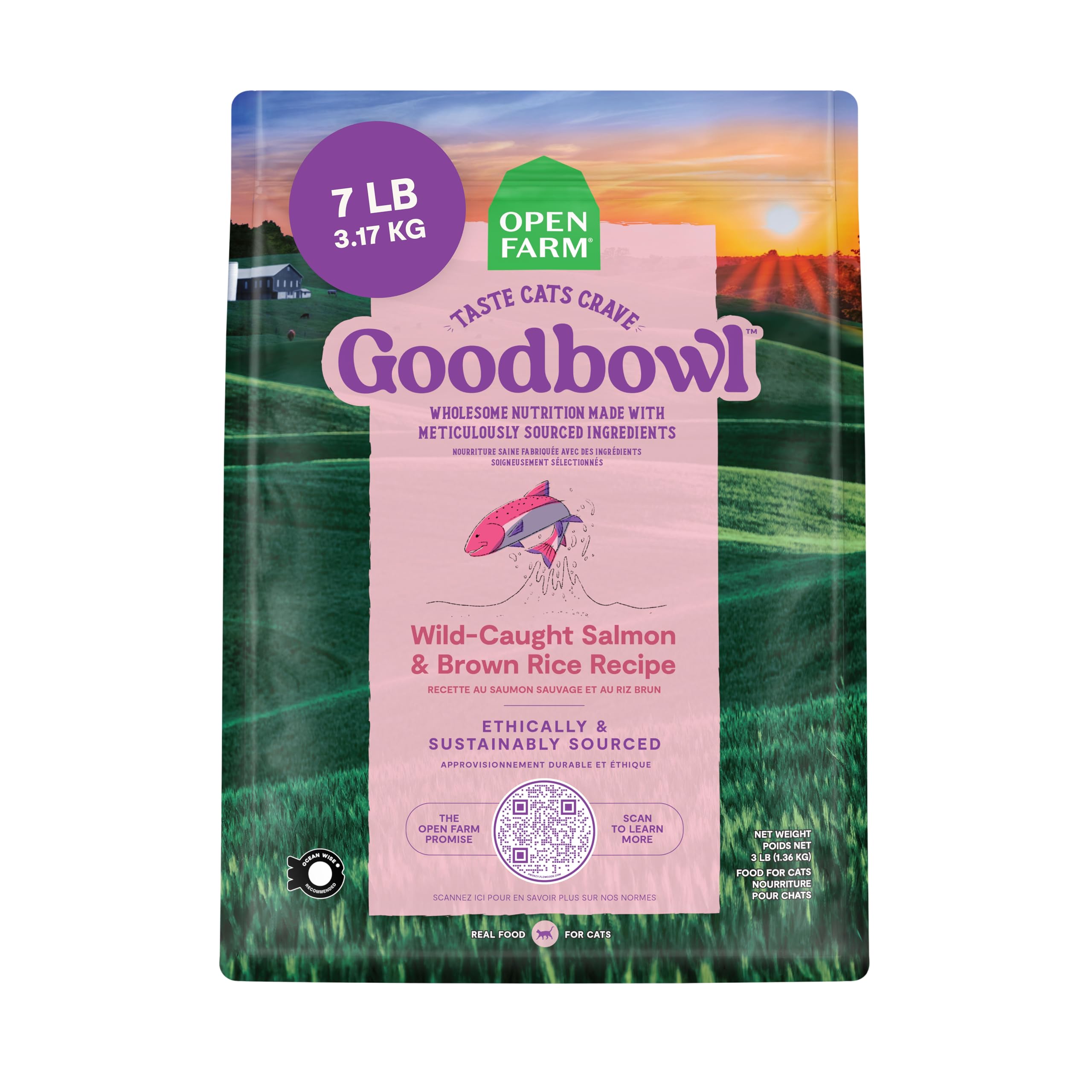 Open Farm Goodbowl wild salmon brown rice kibble 7lb bag—protein-rich cat meal.