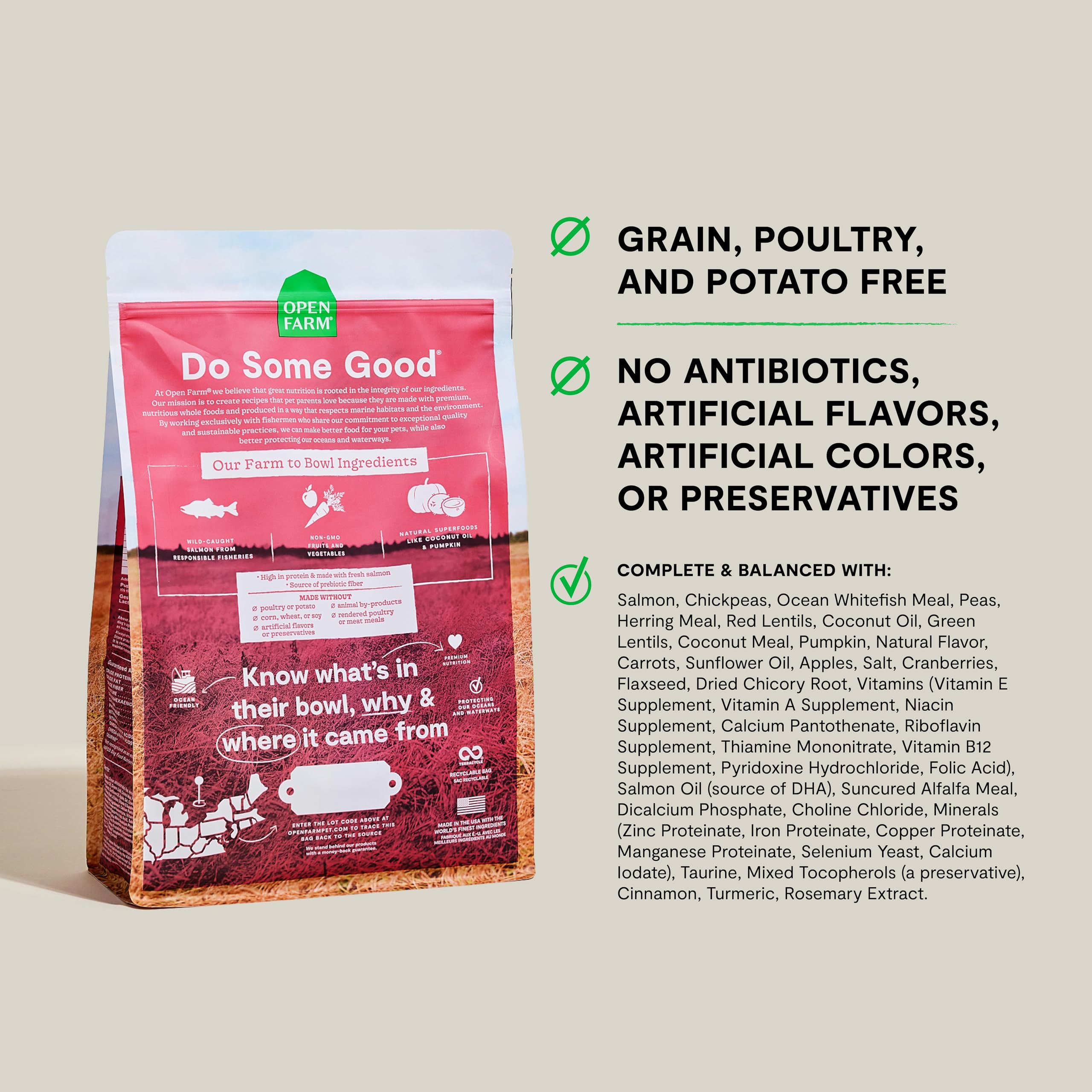 Open Farm grain-free dog kibble bag highlighting grain-free formula for sensitive tummies.