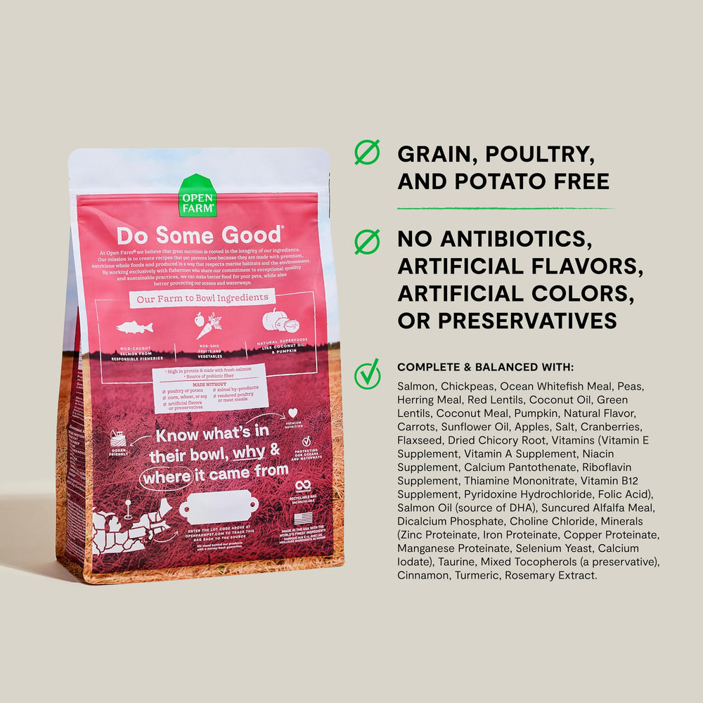 Open Farm grain-free dog kibble bag highlighting grain-free formula for sensitive tummies.