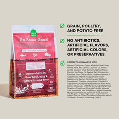Open Farm grain-free dog kibble bag highlighting grain-free formula for sensitive tummies.