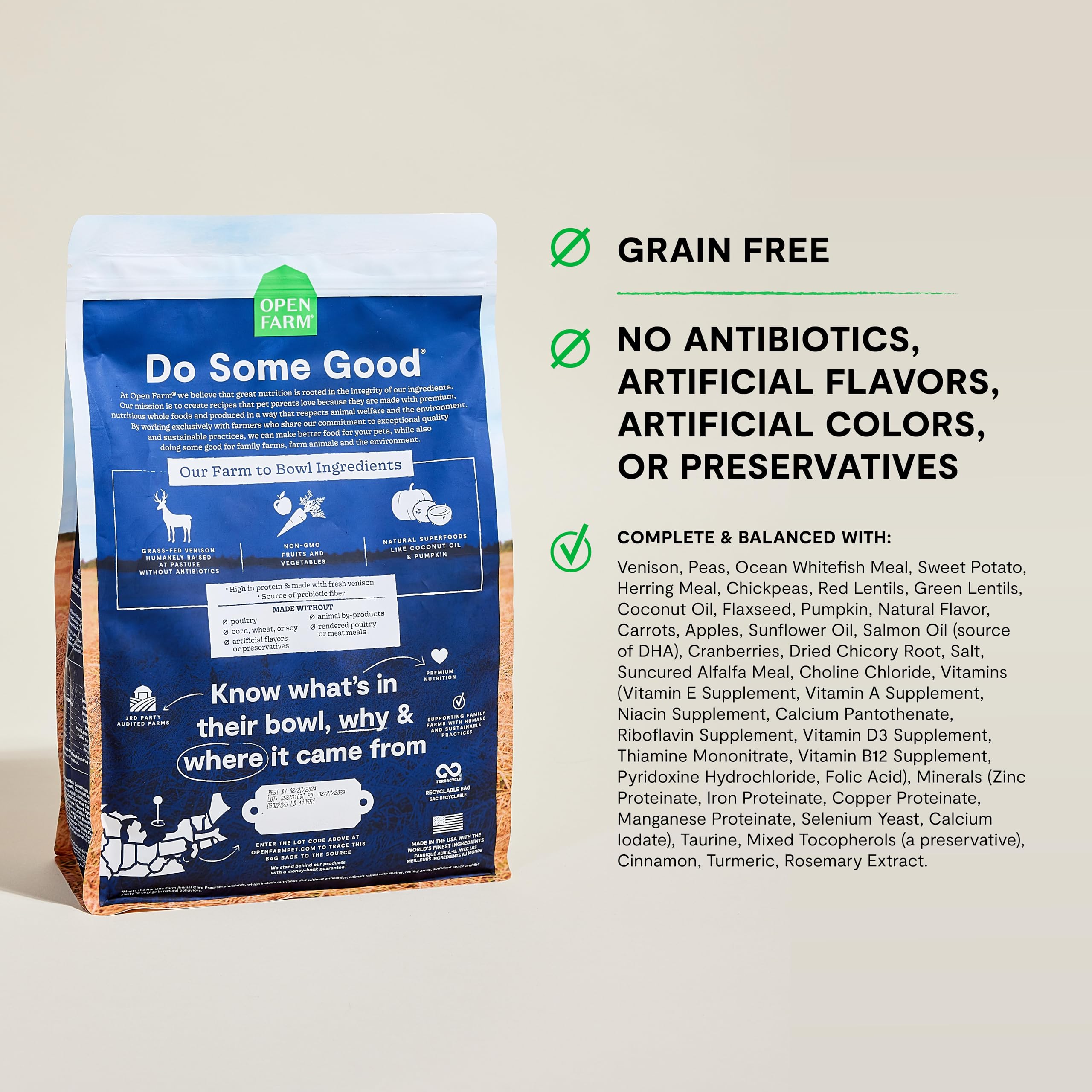Open Farm grain-free dog kibble close-up emphasizes grain-free nutrition.