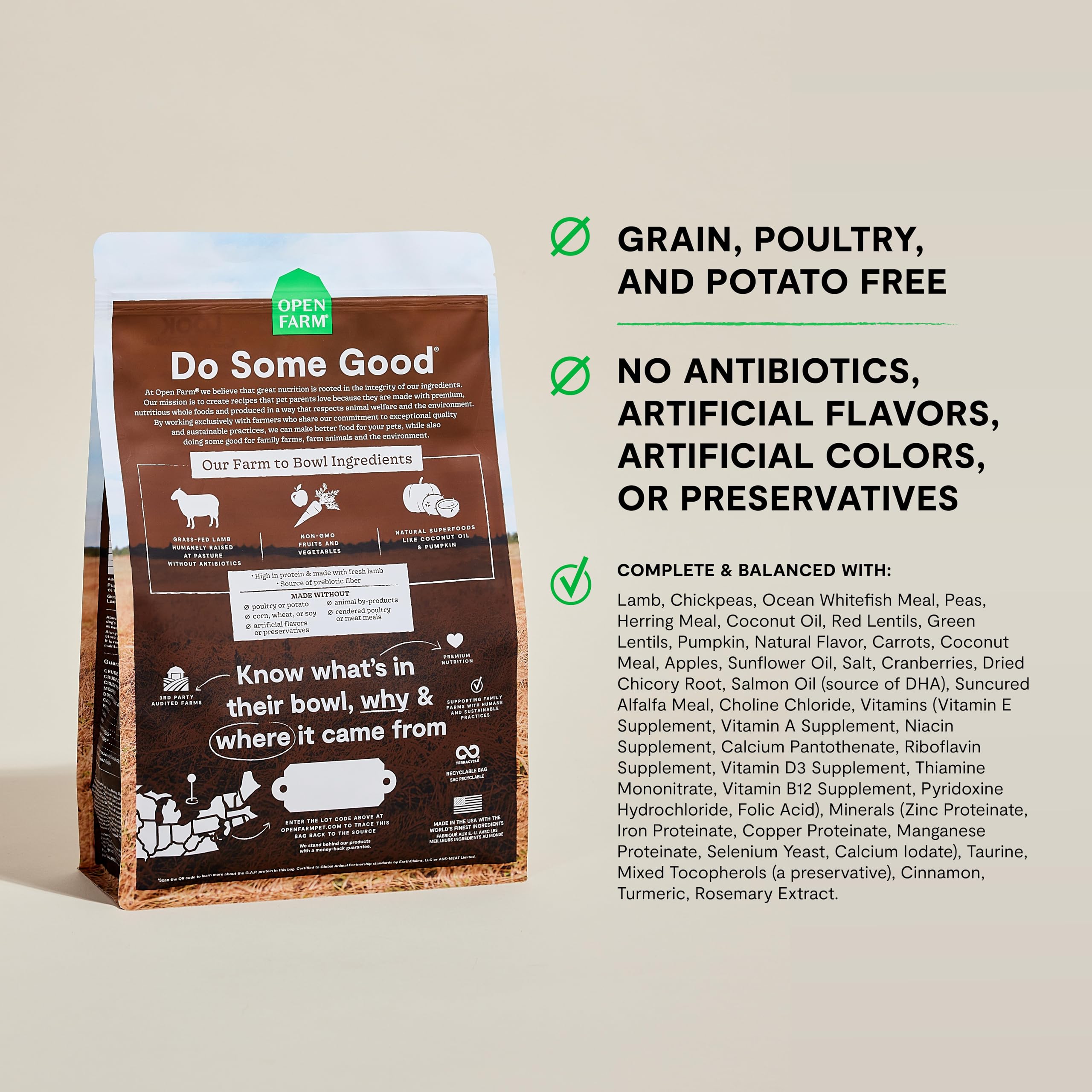 Open Farm grain-free dry dog food bowl shows kibble ready for mealtime