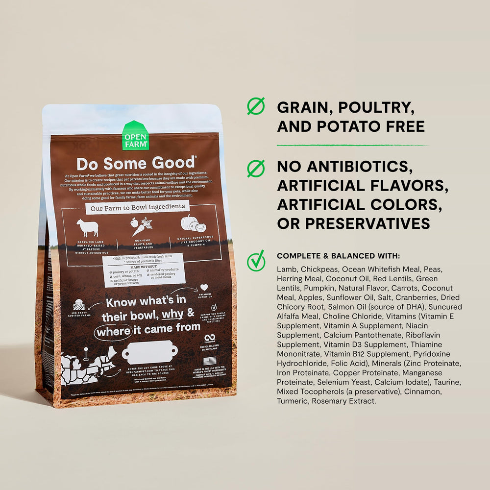 Open Farm grain-free dry dog food bowl shows kibble ready for mealtime
