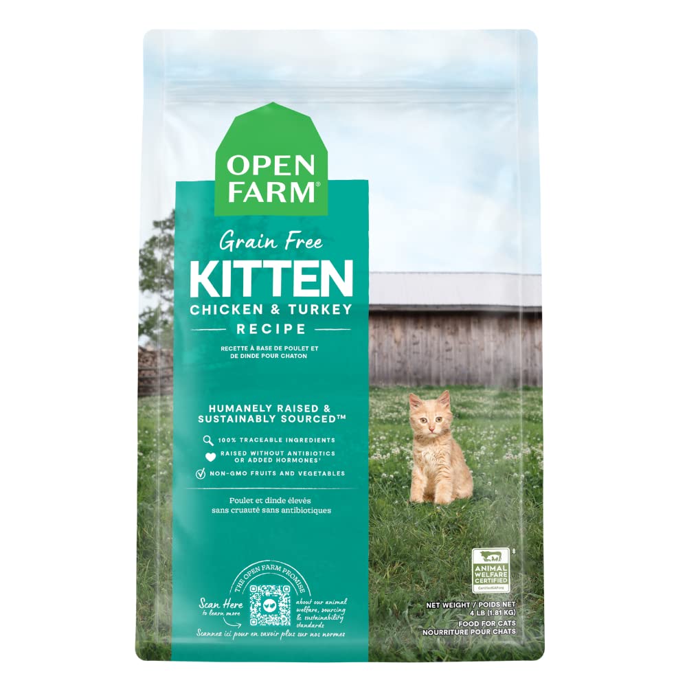 Open Farm grain-free kitten recipe bag showcasing nutritious kibble for growing kittens