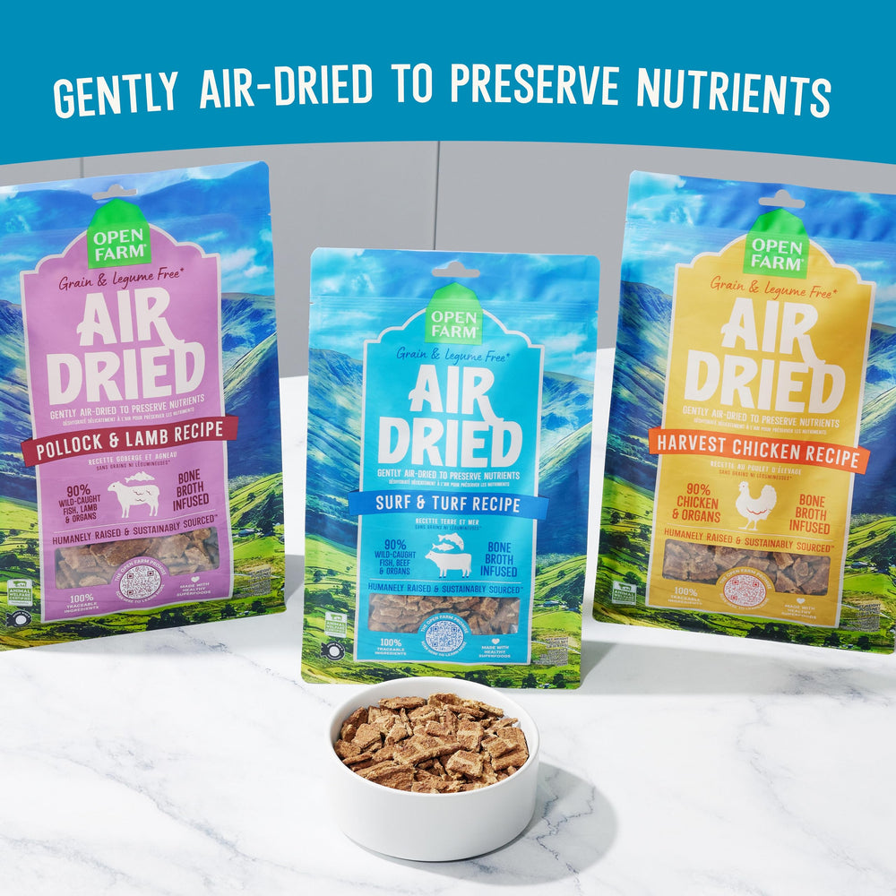 Open Farm grain-free, legume-free recipe ingredient panel.