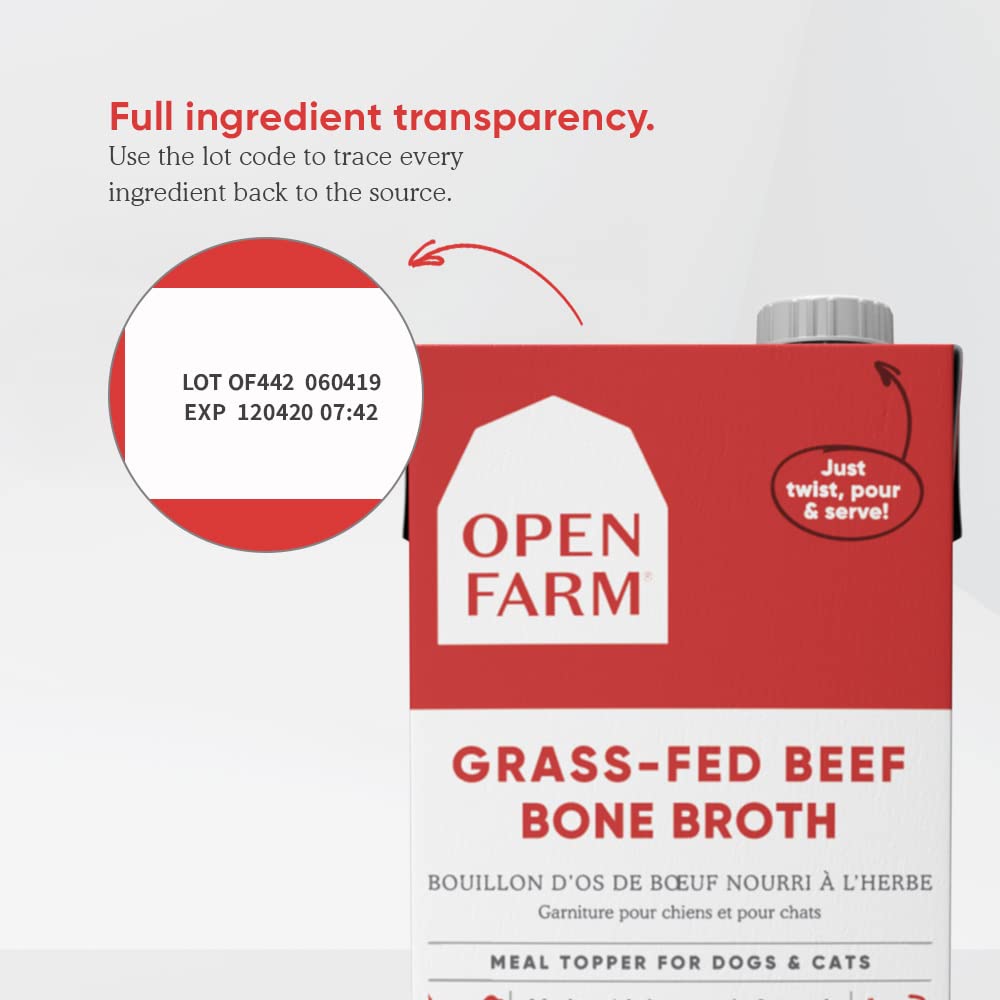 Open Farm Grass-Fed Beef Bone Broth color-rich jar presents an appealing meal topper.