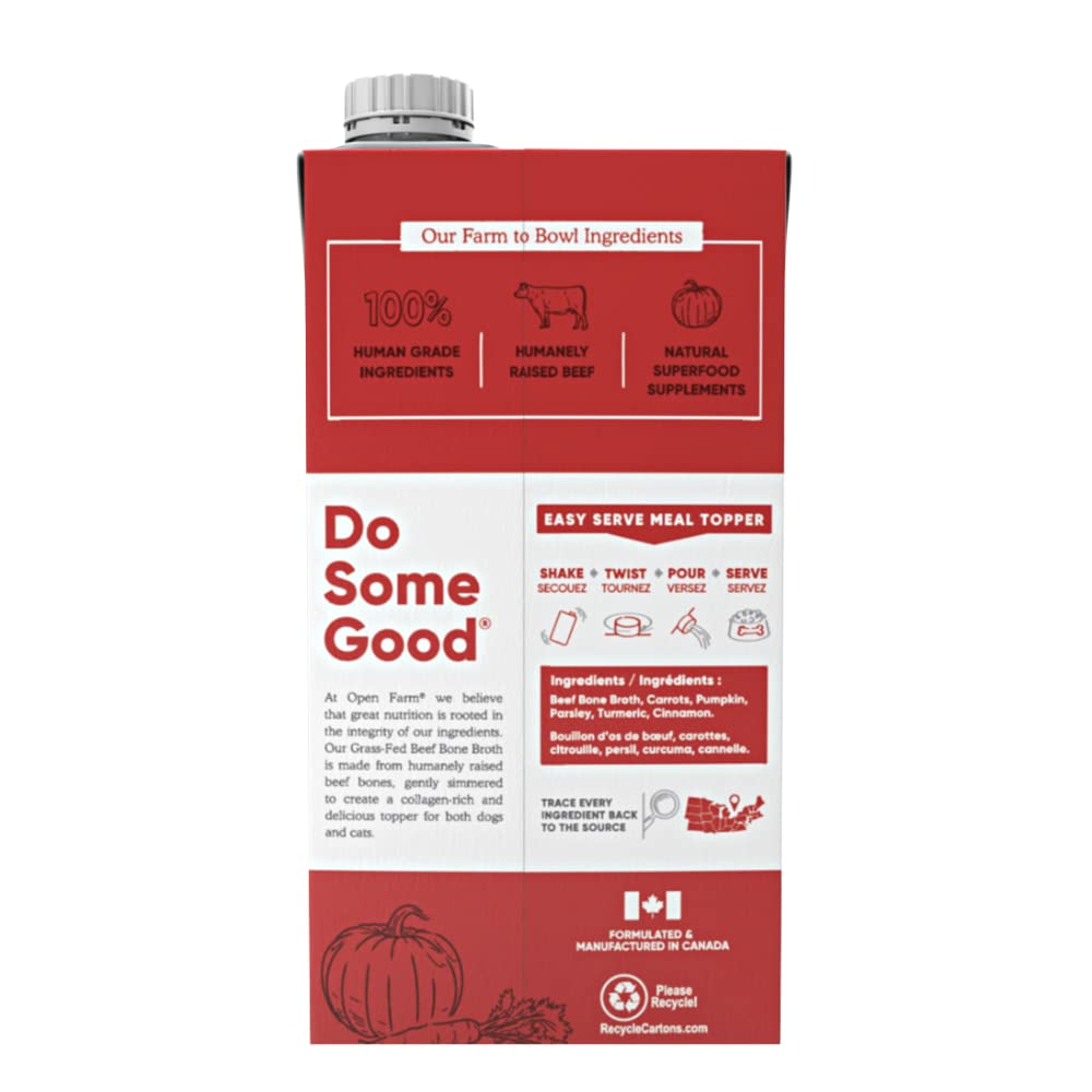 Open Farm Grass-Fed Beef Bone Broth serving on dish—boosts meal flavor.