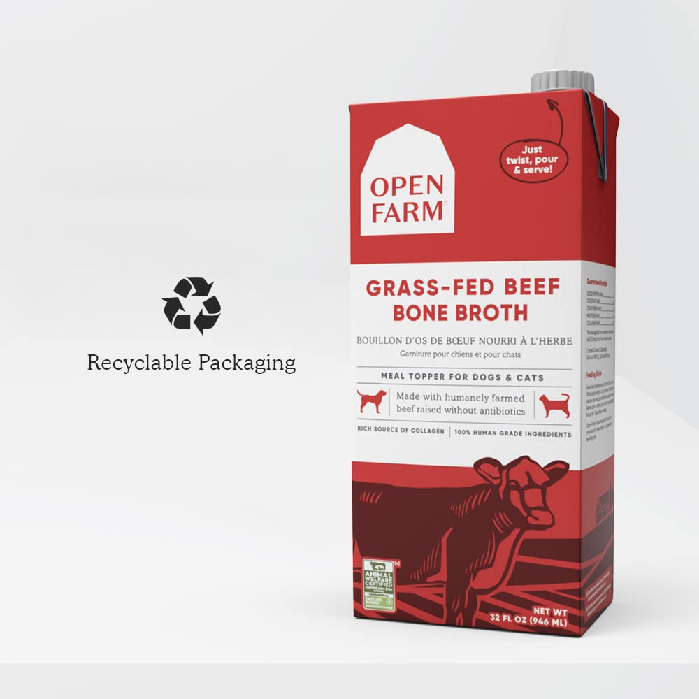 Open Farm Grass-Fed Beef Bone Broth kibble topper entices picky eaters.
