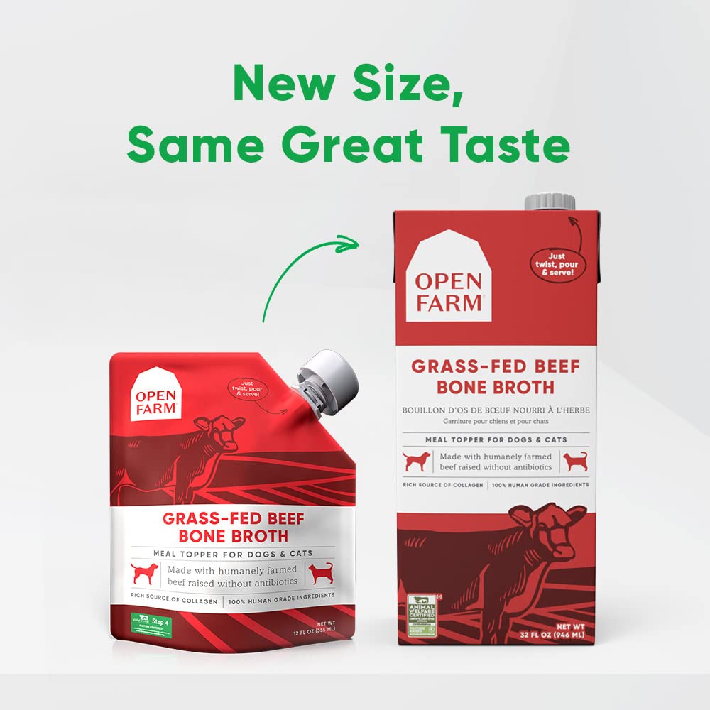Open Farm Grass-Fed Beef Bone Broth includes superfoods for pets' daily nutrition.