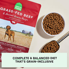 Open Farm Grass-Fed Beef Recipe dry dog food label highlights high-quality protein for strong muscles.