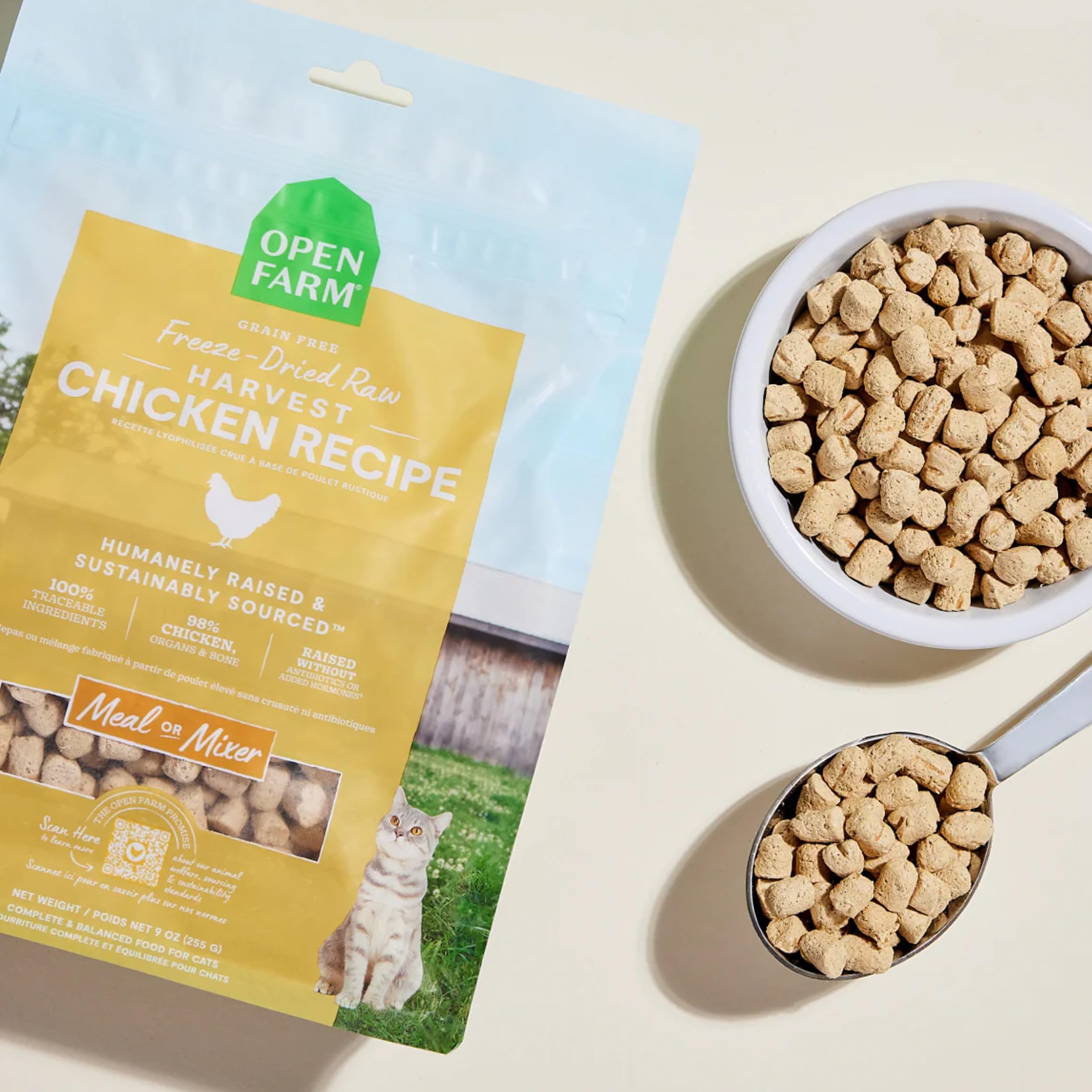 Open Farm Harvest Chicken Morsels texture close-up showing small, rehydratable bites for moist meals.