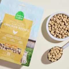 Open Farm Harvest Chicken Morsels texture close-up showing small, rehydratable bites for moist meals.