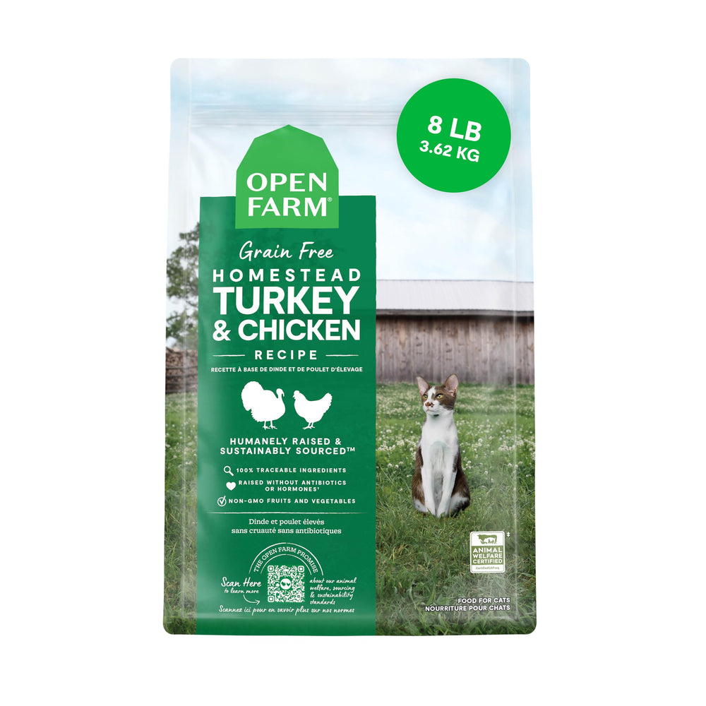 Open Farm homestead turkey-chicken recipe bag shows complete balanced dry cat food for nutrition.