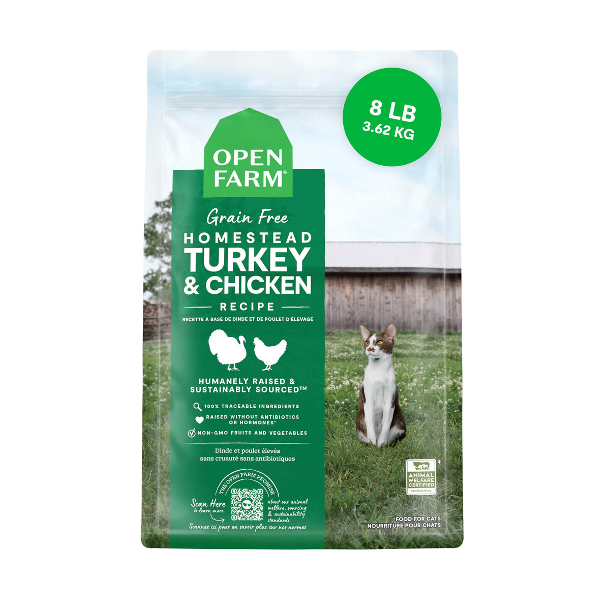 Open Farm homestead turkey-chicken recipe bag shows complete balanced dry cat food for nutrition.