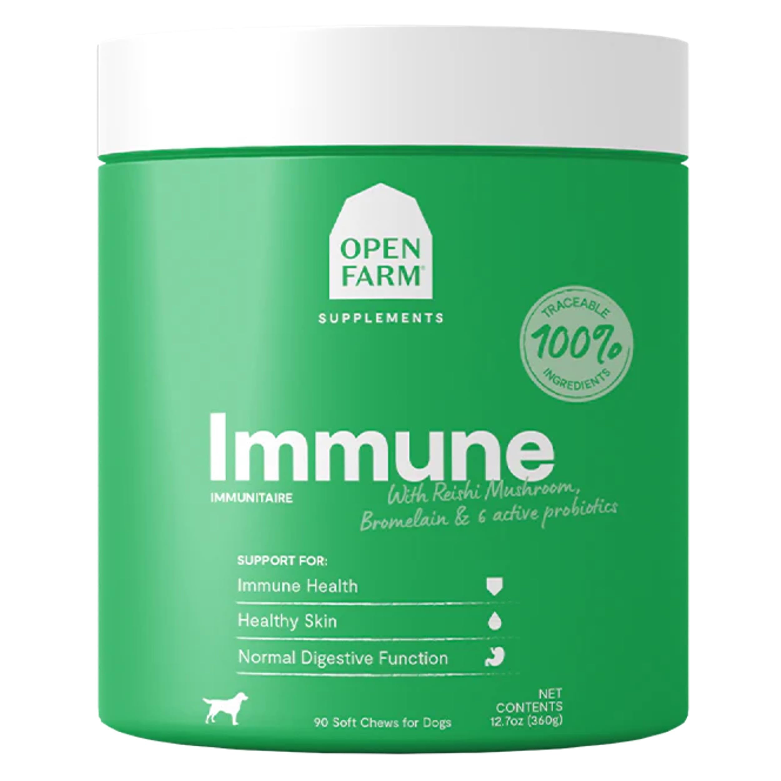 Open Farm Immune Chews bottle front shows plant-based immune support for dogs.