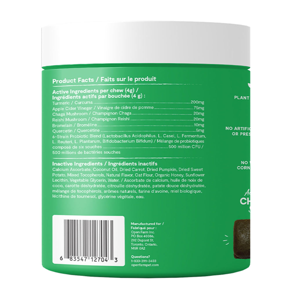 Open Farm Immune Chews jar showing traceability lot number for transparency.