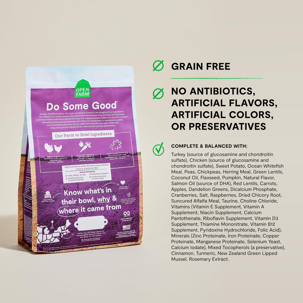 Open Farm joint-support dry dog food highlights protein-rich kibble for hip mobility