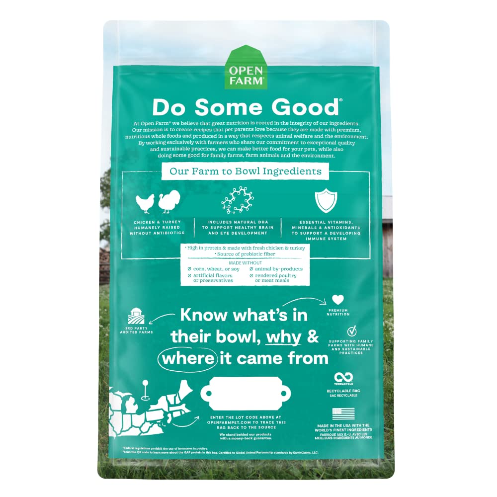 Open Farm kitten kibble chicken-turkey close-up highlighting high-protein recipe
