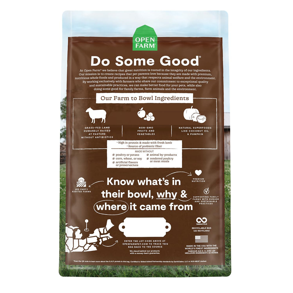 Open Farm lamb grain-free dry cat food bag highlighting simple ingredients