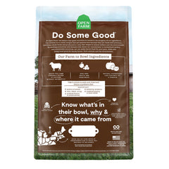 Open Farm lamb grain-free dry cat food bag highlighting simple ingredients