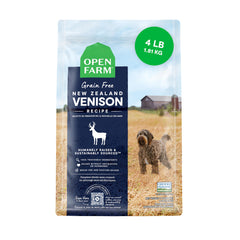 Open Farm New Zealand venison dry dog food bag highlights premium protein for energy.