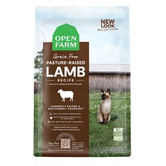 Open Farm pasture-raised lamb dry cat food bowl close-up showing real meat texture