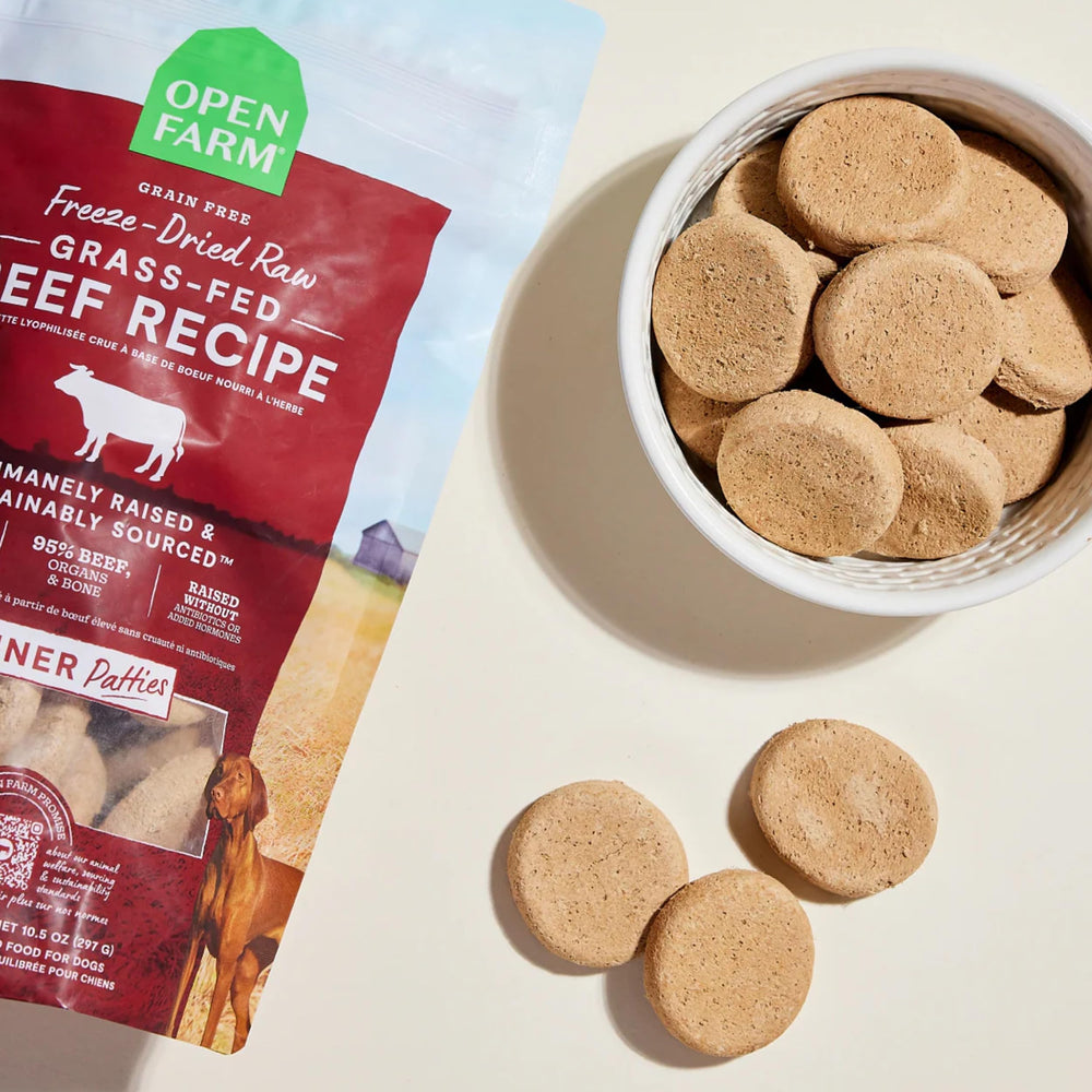 Open Farm patties with organs and bone provide nutrient-dense bites for daily meals.