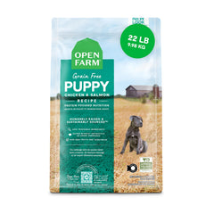 Open Farm puppy kibble in a bowl highlights grain-free nutrition for growing dogs.