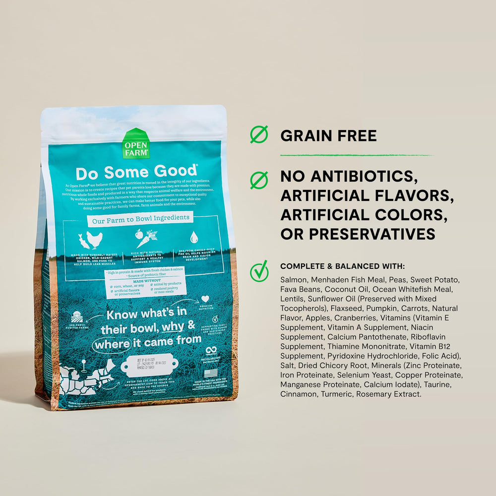 Open Farm bag front emphasizes sustainably sourced, non-GMO ingredients for pups.