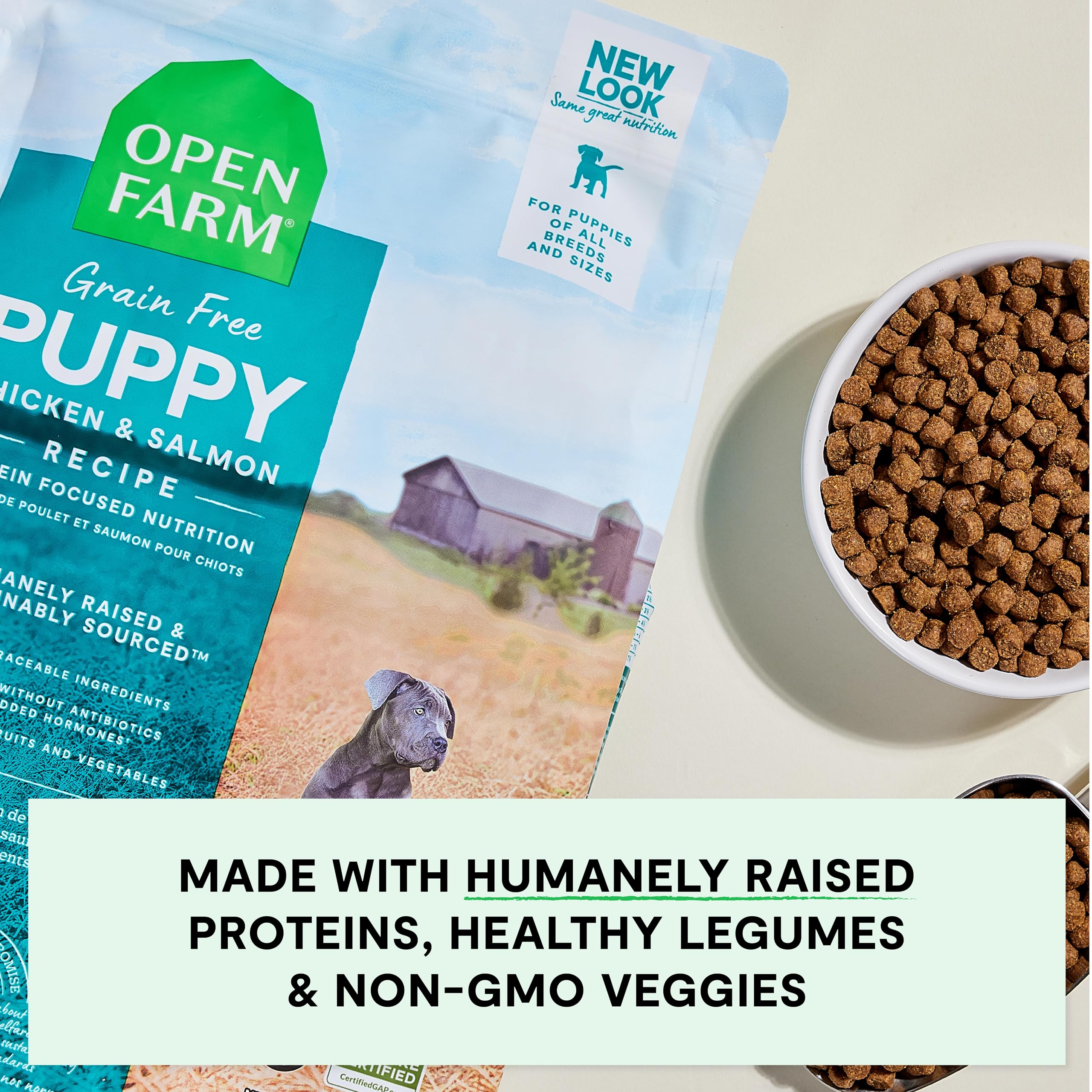 Open Farm feeding scene shows a puppy enjoying a wholesome meal at mealtime.