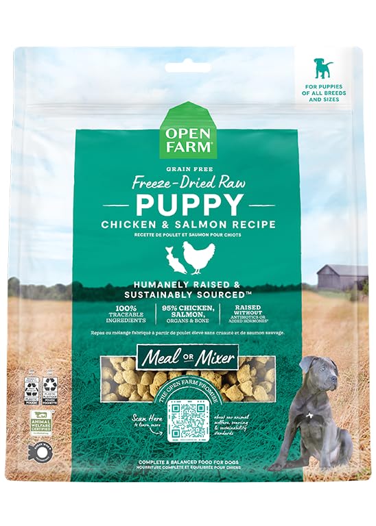 Open Farm puppy morsels bag front shows premium freeze-dried nutrition for puppies